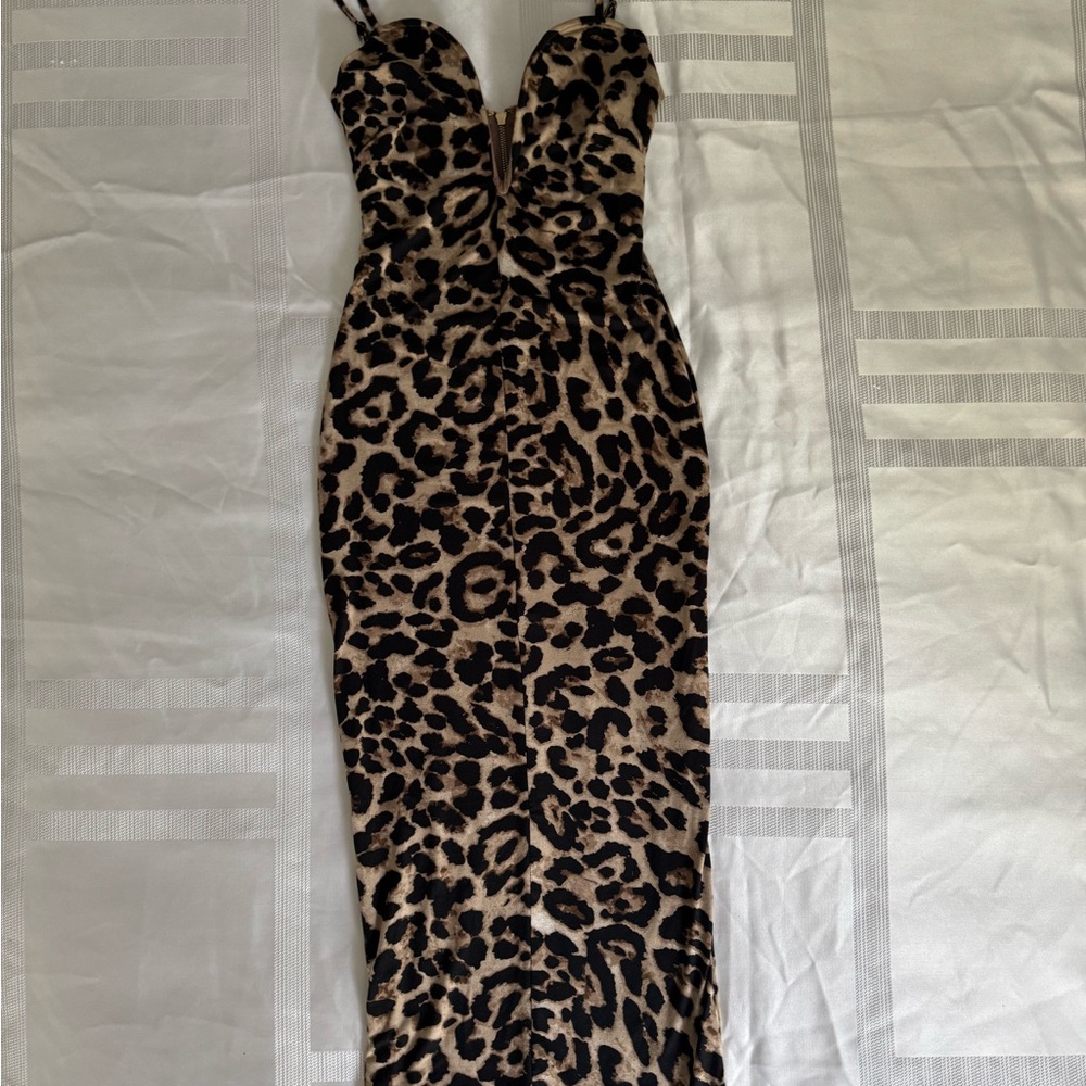 JLUXLABEL Leopard-Print Bodycon Midi Dress in Brown and Black